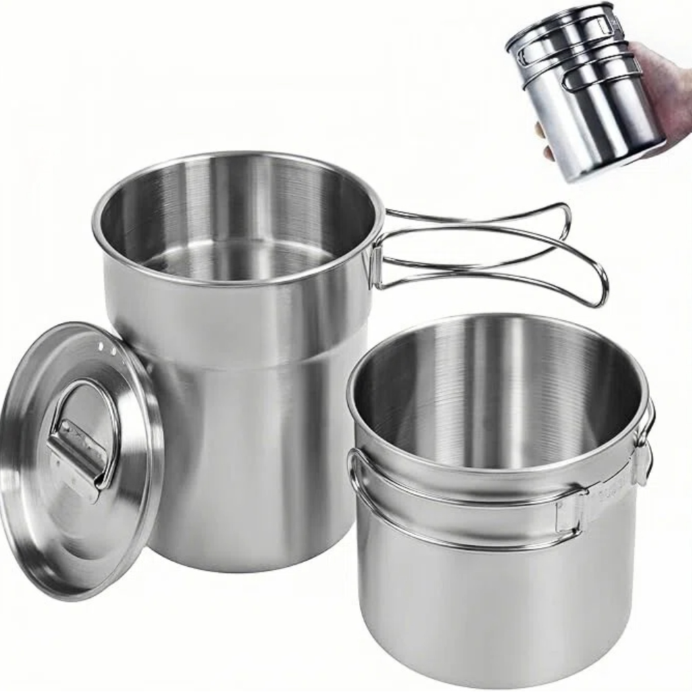 Camp Cooking Set - แก้วพับได้สำหรับแคมป์ปิ้ง หม้อและอุปกรณ์ทำอาหารสำหรับแคมป์ปิ้ง เกรดอาหาร 304 ชุดทำอาหารกลางแจ้งพร้อมฝาแบบมีช่องระบายอากาศ ทำจากสแตนเลส