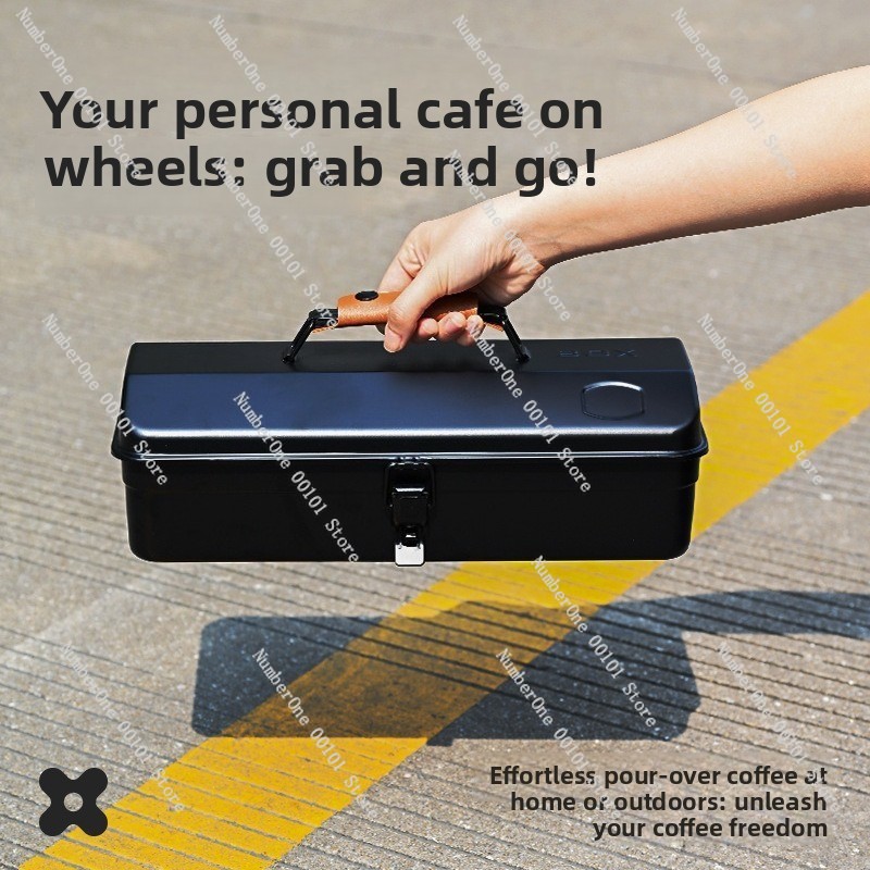Outdoor Camping Box - ชุดอุปกรณ์ชงกาแฟแบบพกพาสำหรับตั้งแคมป์กลางแจ้ง, ประกอบด้วยเครื่องบดกาแฟแบบพกพา, หม้อชงกาแฟ, ถ้วยกรอง และกล่องเก็บของเหล็ก