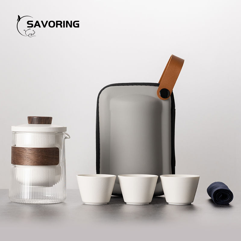 Camp Cooking Set - Simple เซรามิคจีนชุดชา 1 หม้อ 3 ถ้วยพร้อมกระเป๋าเดินทางชุดชา