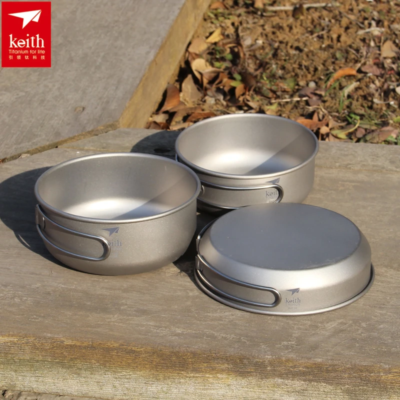 Camp Cooking Set - Keith 3PCS ไทเทเนียมเครื่องครัวกระทะชามชุดพับ Cook ชุดเดินทางกลางแจ้งการล่าสัตว์ตั้งแคมป์ชุดทําอาหาร Ti6053