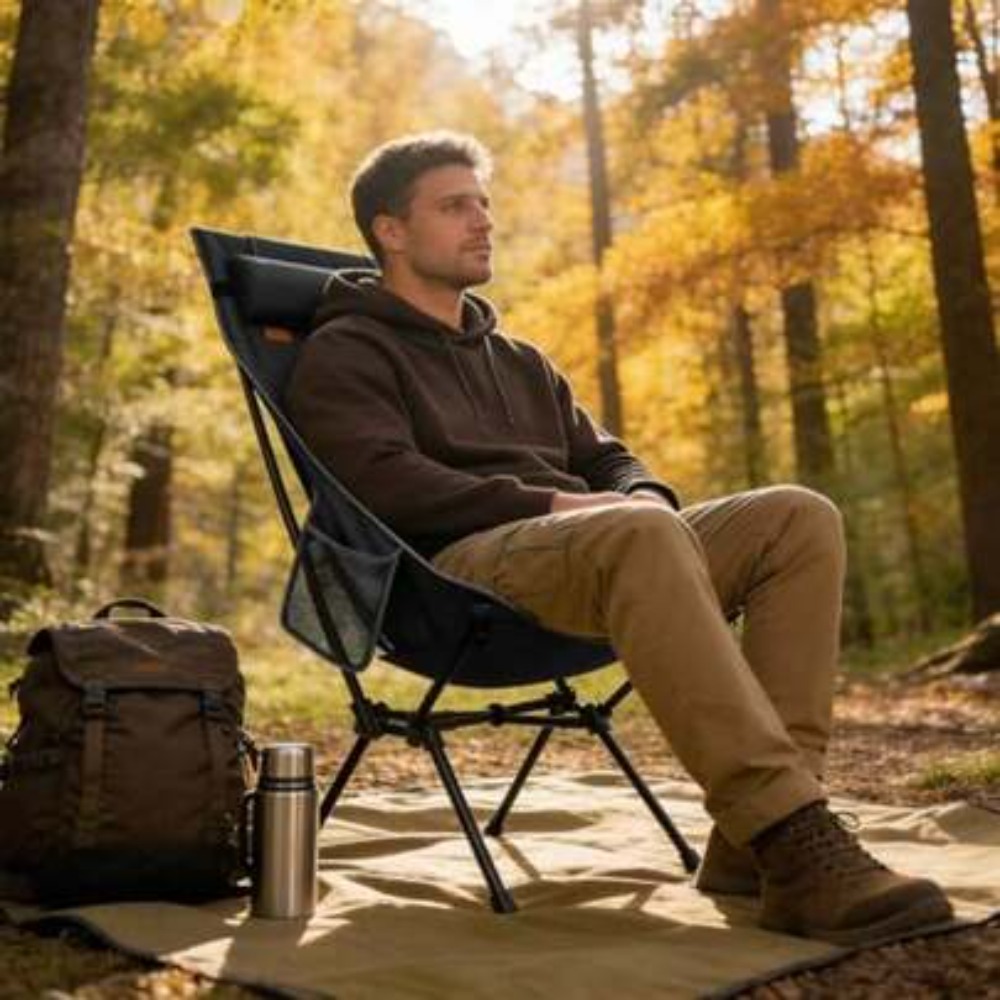 Outdoor Camping High Chair - เก้าอี้พับน้ำหนักเบาพิเศษพร้อมพนักพิงสูงรองรับศีรษะ รองรับน้ำหนักได้ถึง 440 ปอนด์ เก้าอี้พกพาขนาดกะทัดรัดสำหรับการตั้งแคมป์กลางแจ้ง เดินป่า