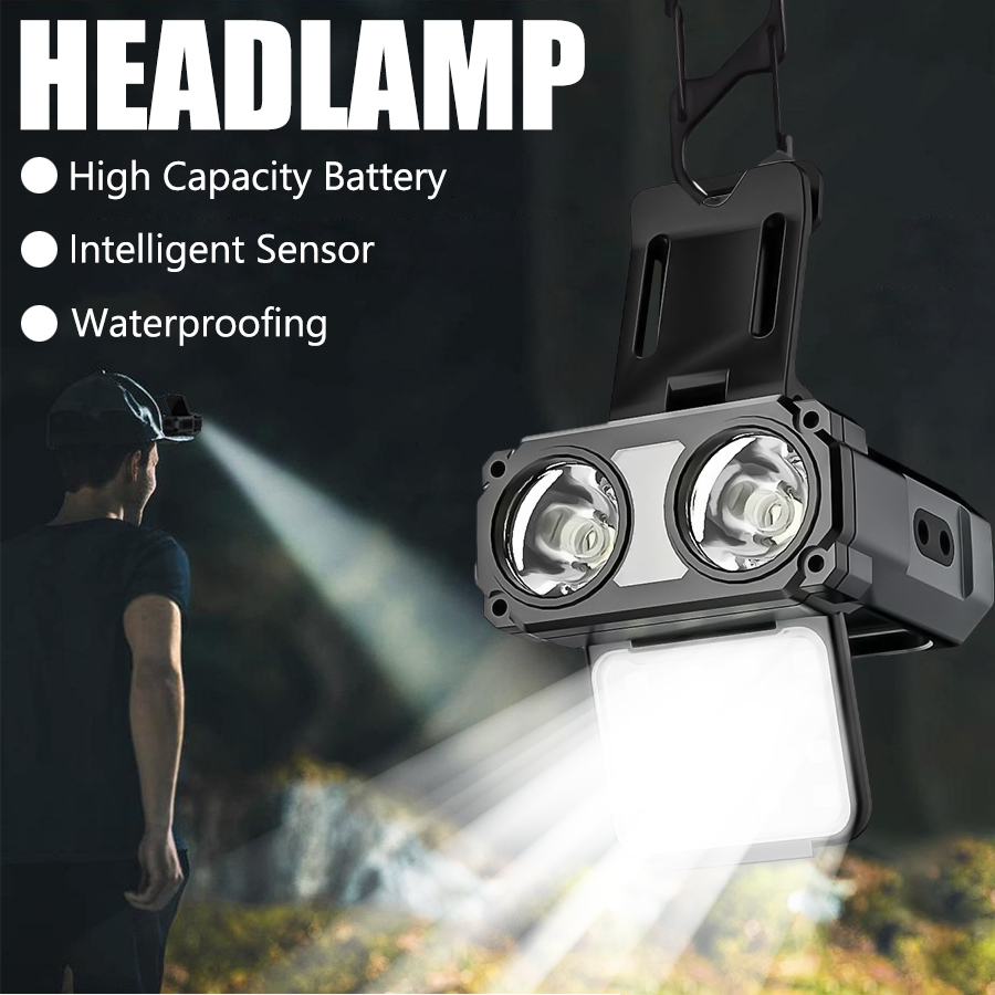 Outdoor Camping Glamping - ไฟฉายคาดศีรษะแบบหนีบหมวก LED COB พร้อมเซ็นเซอร์ ชาร์จผ่าน USB